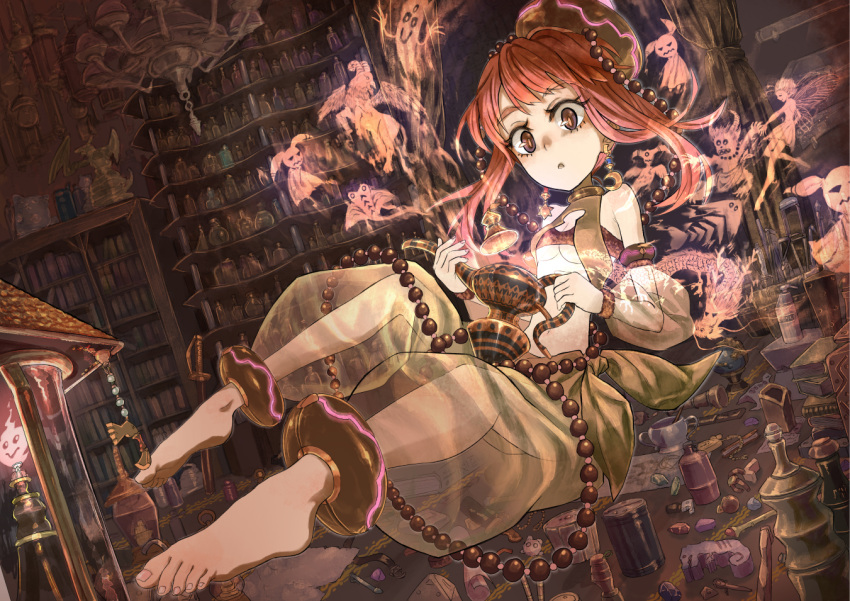 1girl alchemy anklet arabian_clothes baggy_pants barefoot beads bookshelf breasts detached_sleeves earrings feet harem_pants jewelry lamp long_hair magic oil_lamp original pants redhead see-through toes under_boob vest