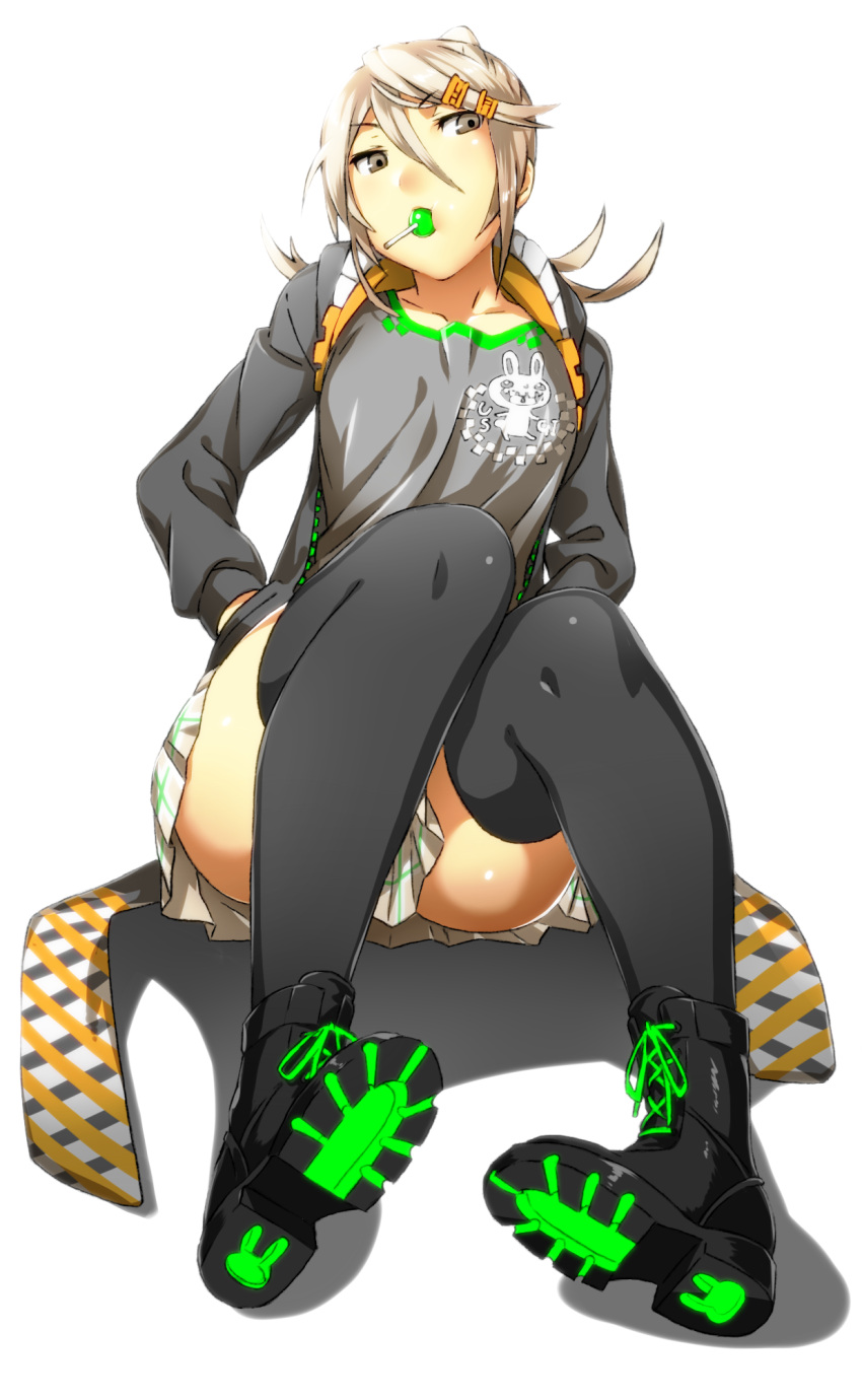 1girl arisawa_kuro ass black_boots black_legwear boots borrowed_character brown_hair candy cross-laced_footwear food_in_mouth full_body green_eyes hair_between_eyes hair_ornament hairclip hands_in_pockets highres hood hood_down hooded_jacket jacket lace-up_boots light_brown_hair lollipop long_hair long_sleeves looking_away looking_to_the_side miniskirt mouth_hold open_clothes open_jacket original plaid plaid_skirt print_shirt rabbit shadow shirt simple_background sitting skirt solo thigh-highs unzipped upskirt white_background