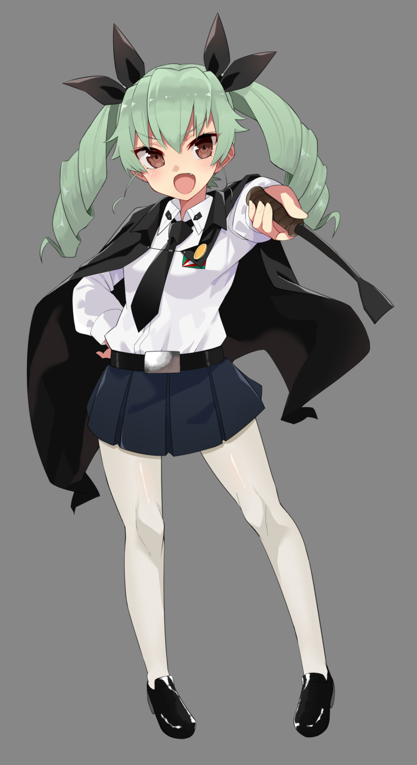 1girl anchovy blush drill_hair fang girls_und_panzer gomashi_(goma) green_hair hair_ribbon hand_on_hip highres long_hair looking_at_viewer military military_uniform necktie open_mouth outstretched_arm pantyhose red_eyes ribbon riding_crop smile solo twin_drills twintails uniform white_legwear