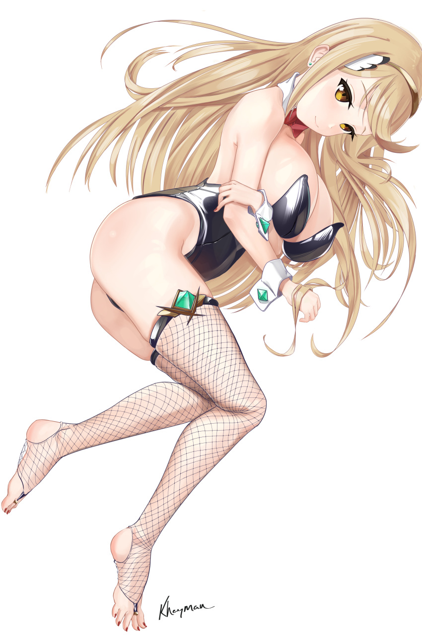1girl absurdres animal_ears bangs blonde_hair bow bowtie breasts bunny_tail detached_collar fake_animal_ears fake_tail fishnet_legwear fishnets high_heels highres khayman large_breasts leotard long_hair mythra_(xenoblade) pantyhose playboy_bunny playboy_bunny_leotard rabbit_ears solo strapless strapless_leotard swept_bangs tail thigh-highs very_long_hair wrist_cuffs xenoblade_chronicles_(series) xenoblade_chronicles_2 yellow_eyes