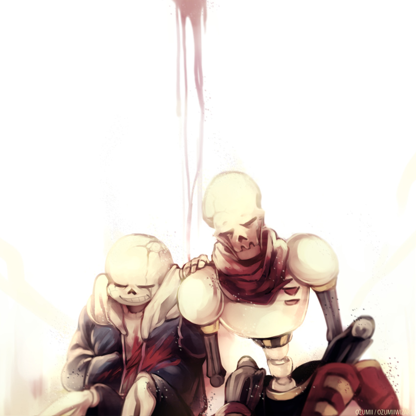 2boys armor artist_name blood bloody_clothes boots closed_eyes crack disintegration dying hand_in_pocket hand_on_another's_shoulder highres hood hoodie multiple_boys ozumii papyrus_(undertale) sans scarf shorts sitting skeleton spoilers tagme undertale