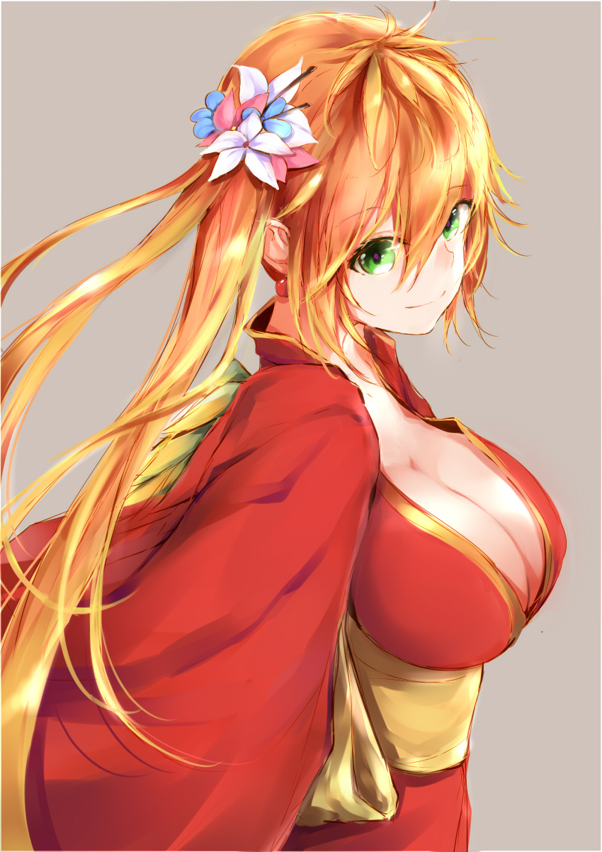 1girl blonde_hair breasts cleavage earrings flower green_eyes hair_flower hair_ornament highres japanese_clothes jewelry kimono large_breasts leilan_(p&amp;d) long_hair puzzle_&amp;_dragons sash side_ponytail silver_(chenwen) sketch smile solo