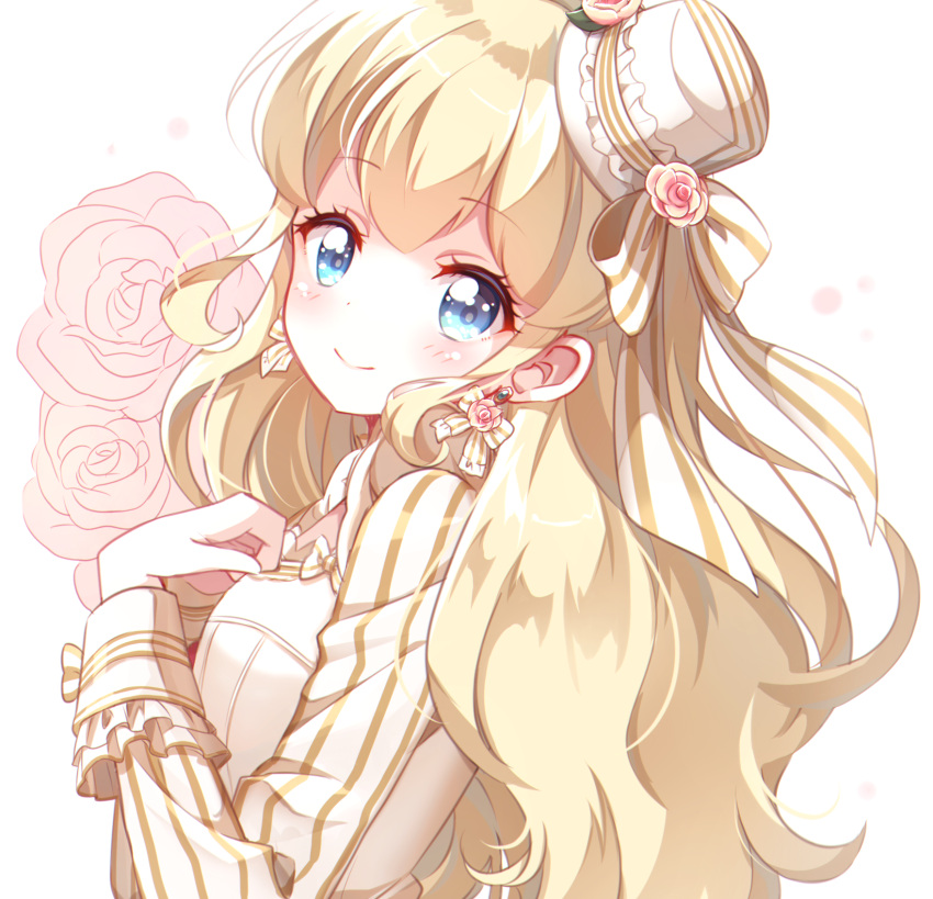 1girl blonde_hair blue_eyes bow coco_(otoca_doll) earrings flower hat highres jewelry kobeni long_hair looking_at_viewer mini_hat mini_top_hat otoca_doll rose smile solo striped striped_bow top_hat upper_body white_background white_hat