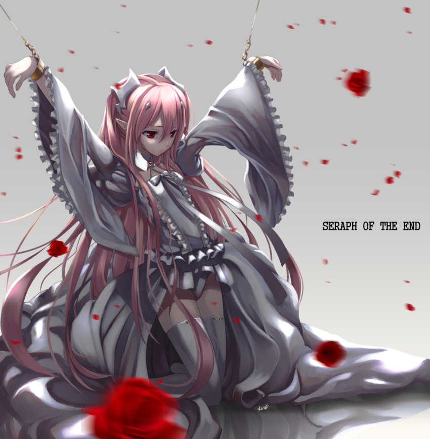 1girl alternate_color bound bow brooch chain cuffs dress flower frilled_sleeves frills grey_background hair_ornament jewelry kero_sweet kneeling krul_tepes long_hair long_sleeves motion_blur owari_no_seraph petals pink_hair pointy_ears puffy_long_sleeves puffy_sleeves red_eyes red_flower red_rose reflection ribbon rose shackles signature solo text thigh-highs tied_up very_long_hair white_bow white_dress white_legwear white_ribbon wide_sleeves
