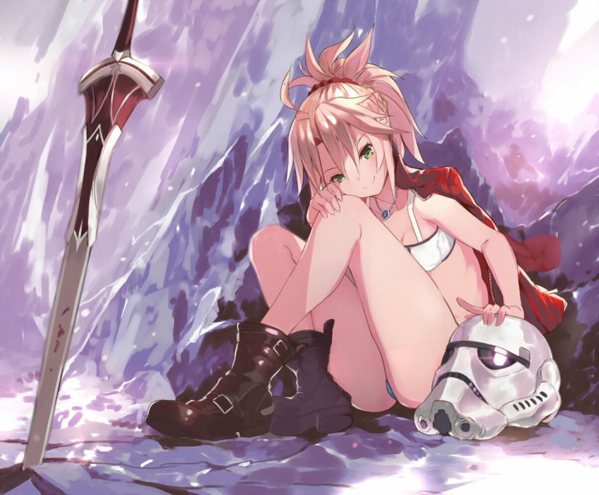 1girl blonde_hair boots clarent fate/apocrypha fate/grand_order fate_(series) green_eyes helmet jacket jacket_on_shoulders jewelry necklace ponytail saber_of_red scrunchie short_shorts shorts sitting solo star_wars stormtrooper strapless sword tokopi tubetop weapon