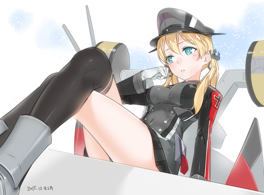 1girl 2015 ama_mitsuki anchor_hair_ornament aqua_eyes black_legwear black_skirt blonde_hair blush breasts crossed_legs from_below gloves hair_ornament hat head_rest iron_cross kantai_collection long_hair long_sleeves looking_away machinery military military_uniform miniskirt over-kneehighs peaked_cap pleated_skirt prinz_eugen_(kantai_collection) sitting skirt solo thigh-highs twintails uniform white_gloves