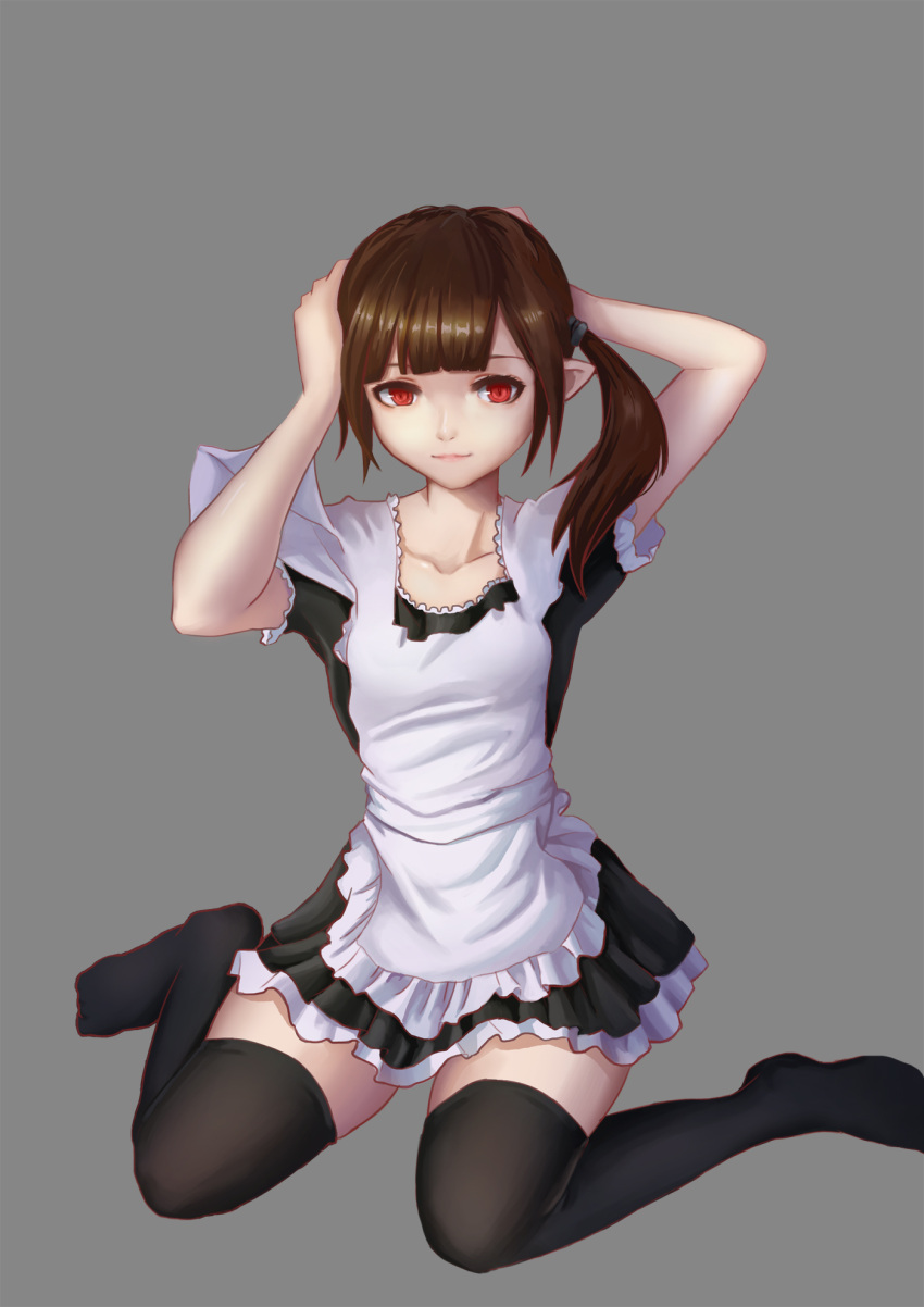 1girl bangs black_legwear blunt_bangs brown_hair child collarbone grey_background hands_on_own_head highres maid no_shoes pointy_ears ponytail red_eyes shiraha_(pixiv10239953) simple_background sitting smile solo thigh-highs wariza zettai_ryouiki