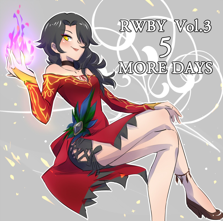 1girl anklet black_hair cinder_fall dress english eyeshadow fire fireball highres iesupa jewelry makeup one_eye_covered rwby side_slit smile solo yellow_eyes