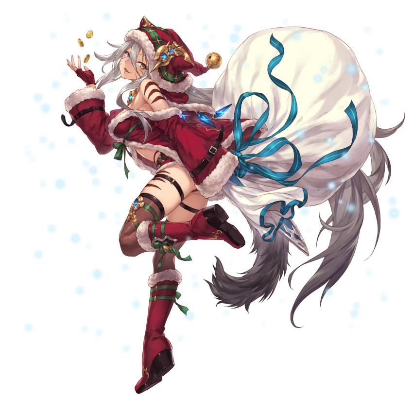1girl absurdres aqua_eyes artist_request bare_shoulders boots character_request coin copyright_request facial_mark full_body hat highres long_hair long_sleeves money ribbon sack santa_costume santa_hat solo tail thigh-highs thigh_strap very_long_hair white_background yellow_eyes