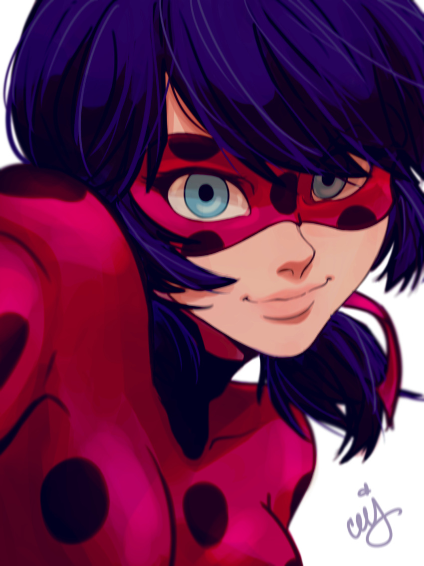 1girl blue_eyes blue_hair bodysuit ceejles domino_mask highres ladybug_(character) long_hair looking_at_viewer magical_girl marinette_cheng mask miraculous_ladybug polka_dot signature smile twintails upper_body