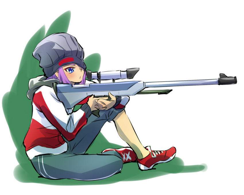 1girl beanie blue_eyes gun hat iesupa jacket may_zedong one_eye_covered pants pink_hair rifle rwby sitting sniper_rifle solo track_jacket track_pants weapon