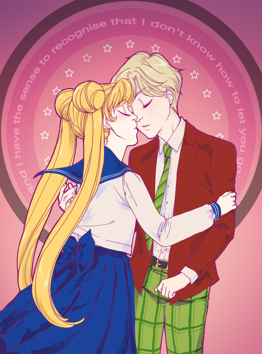 2girls bishoujo_senshi_sailor_moon blonde_hair crestomancer double_bun english highres incipient_kiss jacket long_hair multiple_girls necktie pants plaid plaid_pants pleated_skirt reverse_trap school_uniform serafuku short_hair skirt star striped striped_necktie ten'ou_haruka tsukino_usagi twintails yuri