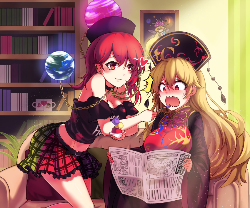 /\/\/\ 2girls absurdres bare_shoulders black_dress blonde_hair bookshelf breasts chain chinese_clothes cleavage clothes_writing clownpiece coffee_mug collar couch dress earth_(ornament) fang food hakurei_reimu hat heart hecatia_lapislazuli highres ice_cream junko_(touhou) kochiya_sanae koissa large_breasts long_hair long_sleeves moon_(ornament) multiple_girls newspaper open_mouth picture_(object) picture_frame pillow plaid plaid_skirt red_eyes redhead shirt short_hair sitting skirt smile t-shirt tabard tatara_kogasa touhou wide_sleeves yuri