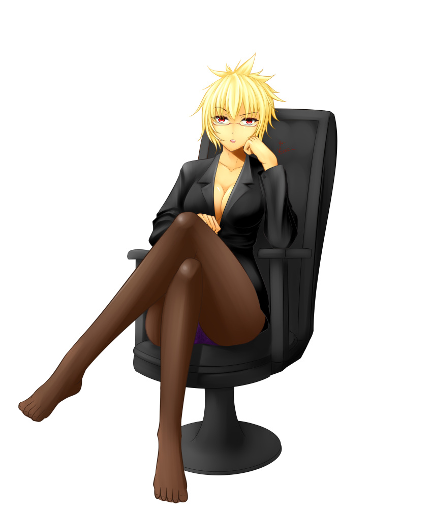 1girl absurdres alternate_costume alternate_hair_color blonde_hair breasts chair cleavage crossed_legs formal hand_on_own_cheek highres large_breasts league_of_legends looking_at_viewer no_bra office_chair open_mouth panties panties_over_pantyhose pantyhose pantyshot pantyshot_(sitting) purple_panties red_eyes riven_(league_of_legends) ryu_seung short_hair sitting skirt_suit solo suit transparent_background underwear
