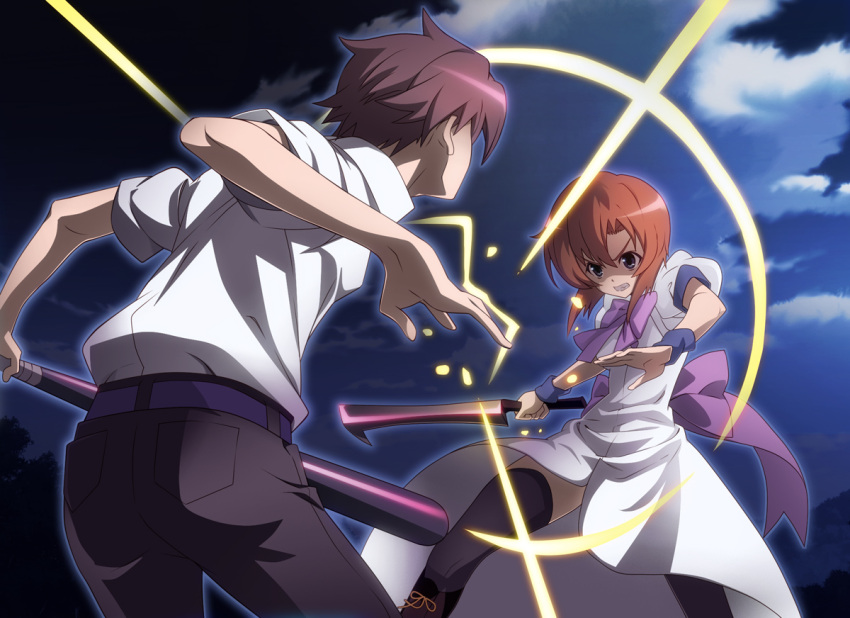 1boy 1girl angry baseball_bat blue_eyes bowtie brown_hair cleaver clenched_teeth clouds cloudy_sky fighting from_behind higurashi_no_naku_koro_ni maebara_keiichi night night_sky nyoronyoro orange_hair outdoors puffy_short_sleeves puffy_sleeves ryuuguu_rena shirt short_sleeves sky spoilers thigh-highs white_shirt wristband