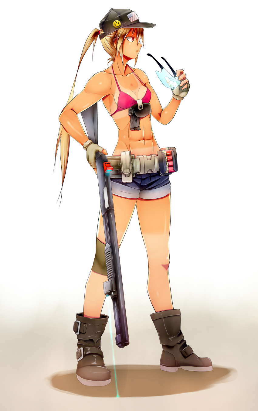 1girl abs absurdres american_flag baseball_cap belt bikini_top blonde_hair boots borrowed_character commentary_request evolution_(movie) flat_chest full_body gun hat highres holster jessica_jefferson laser_sight looking_away onibi_(foxhound4185) original ponytail red_eyes shirt_tan short_shorts shorts shotgun shotgun_shells standing tan tanline weapon white_background