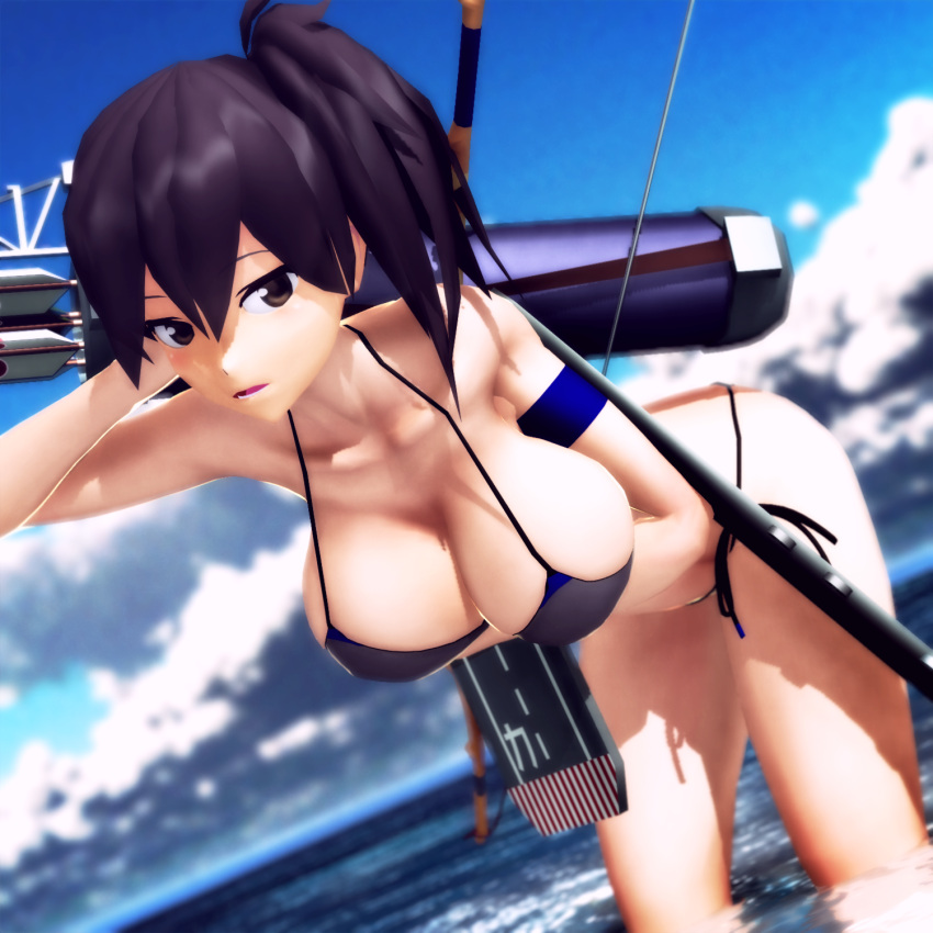 1girl bikini bow_(weapon) breasts highres kaga_(kantai_collection) kantai_collection large_breasts mikumikudance ocean quiver solo swimsuit weapon