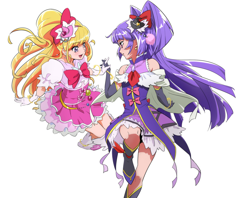 2girls asahina_mirai black_boots black_gloves black_hat blonde_hair boots bow bracelet brooch capelet cure_magical cure_miracle elbow_gloves eye_contact full_body gem gloves hair_bow half_updo hat highres holding_hands izayoi_liko jewelry knee_boots long_hair looking_at_another magical_girl mahou_girls_precure! mini_hat mini_witch_hat multiple_girls nukosann pink_bow pink_hat ponytail precure puffy_sleeves purple_hair purple_skirt red_bow skirt smile twintails violet_eyes white_background white_boots white_gloves witch_hat