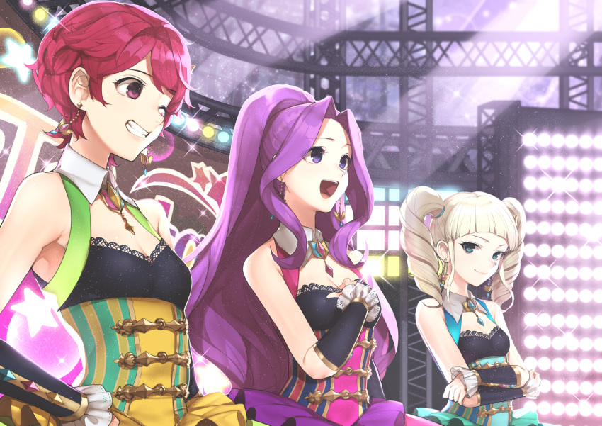 3girls aikatsu! bare_shoulders blonde_hair blue_eyes blush breasts cleavage crossed_arms detached_sleeves dress drill_hair earrings grin highres hitoto ichinose_kaede jewelry kanzaki_mizuki long_hair multiple_girls one_eye_closed open_mouth purple_hair red_eyes redhead short_hair smile toudou_yurika twin_drills twintails violet_eyes