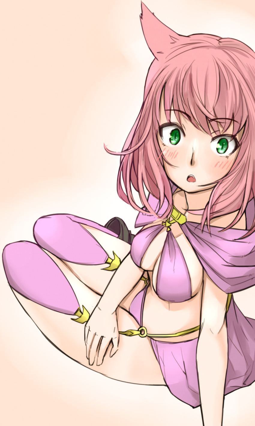1girl amidatto animal_ears arm_support bikini blush boots breasts capelet cat_ears cleavage fang final_fantasy final_fantasy_xiv garter_belt garter_straps green_eyes highres legs long_hair looking_at_viewer miqo'te open_mouth pink_hair sitting slit_pupils solo swimsuit thigh-highs
