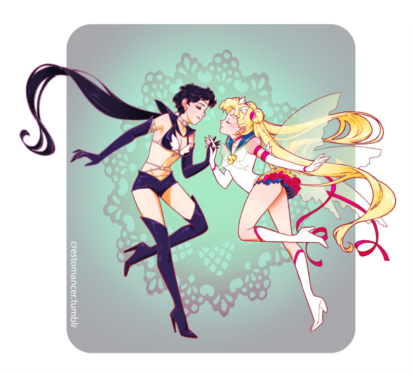 artist_name bikini_top bishoujo_senshi_sailor_moon black_gloves black_hair blonde_hair boots breasts butterfly_wings circlet cleavage closed_eyes crescent crescent_earrings crestomancer double_bun earrings elbow_gloves eternal_sailor_moon facial_mark forehead_mark frilled_skirt frills gloves groin hair_ornament high_heel_boots high_heels highres interlocked_fingers jewelry long_hair microskirt midriff ponytail ribbon sailor_moon sailor_star_fighter seiya_kou shorts skirt star star_earrings stiletto_heels thigh-highs thigh_boots tsukino_usagi twintails very_long_hair violet_eyes white_gloves wings