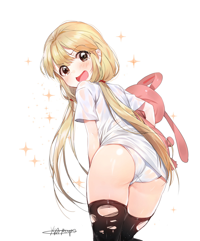 1girl absurdres ass blonde_hair blush bottomless brown_eyes dr_poapo futaba_anzu highres idolmaster idolmaster_cinderella_girls looking_back low_twintails open_mouth panties shiny shiny_skin shirt signature simple_background solo sparkle stuffed_animal stuffed_bunny stuffed_toy t-shirt thighhighs torn_clothes torn_thighhighs twintails underwear white_panties