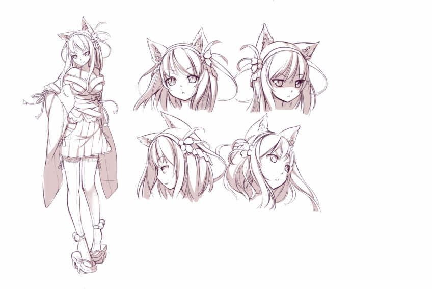 1girl animal_ears aoi_tsunami bare_shoulders bell breasts cat_ears character_sheet cleavage detached_sleeves expressions face full_body geta hair_ornament hairband hakama_skirt japanese_clothes jingle_bell long_hair looking_at_viewer monochrome obi off_shoulder original panties sash side_slit simple_background slit_pupils solo strap thigh-highs underwear white_background