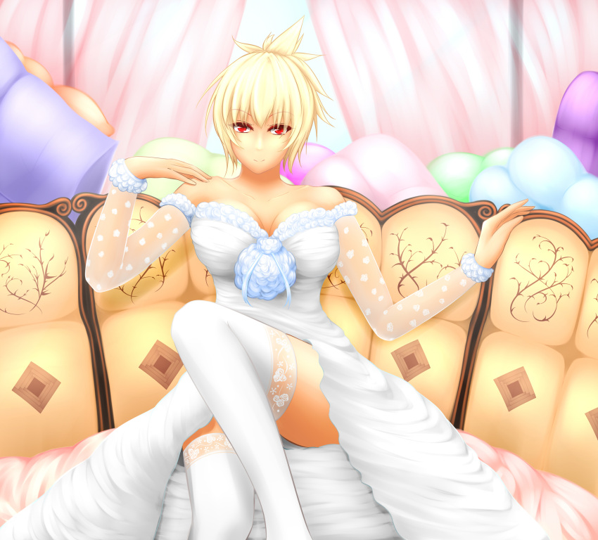 1girl alternate_costume alternate_hair_color blonde_hair breasts cleavage dress folded_ponytail highres large_breasts league_of_legends looking_at_viewer red_eyes riven_(league_of_legends) ryu_seung short_hair sitting smile solo strapless_dress thigh-highs wedding_dress white_dress white_legwear