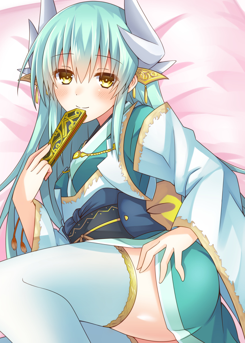 1girl absurdres aqua_hair blush breasts commentary_request fan fate/grand_order fate_(series) folding_fan green_hair hair_ornament highres horns japanese_clothes kimono kiyohime_(fate/grand_order) kuzuyu long_hair long_sleeves looking_at_viewer lying obi on_side sash smile solo thigh-highs white_legwear wide_sleeves yellow_eyes