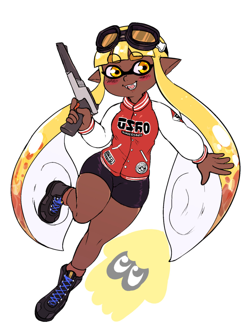 1girl bike_shorts blonde_hair boots cross-laced_footwear dark_skin domino_mask fangs goggles goggles_on_head highres inkling lace-up_boots letterman_jacket mask n-zap_'85_(splatoon) sidelocks simple_background smile splatoon squid white_background yellow_kirby