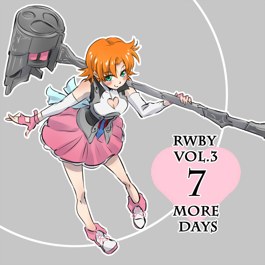 1girl blush_stickers breasts cleavage cleavage_cutout fingerless_gloves gloves green_eyes highres iesupa nora_valkyrie orange_hair over_shoulder rwby short_hair skirt smile solo warhammer weapon weapon_over_shoulder