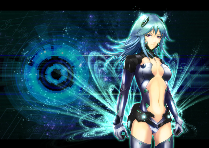1girl alternate_costume alternate_eye_color alternate_hair_color alternate_hair_length alternate_hairstyle armor arms_at_sides blue_hair bodysuit breasts center_opening closed_mouth commentary_request cowboy_shot din_(raiden) gloves glowing gumi hair_flaps hair_ornament legs_apart letterboxed light_frown long_hair long_sleeves looking_at_viewer navel solo stomach thigh-highs violet_eyes vocaloid