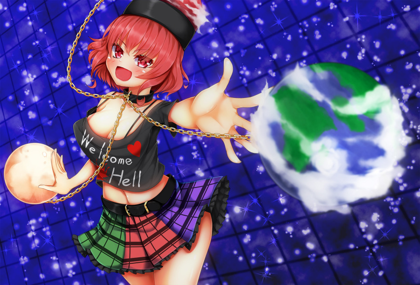 1girl belt breasts chain cleavage collar cowboy_shot earth hat hecatia_lapislazuli large_breasts looking_at_viewer midriff moon navel open_mouth red_eyes redhead shirt skirt smile solo thighs tokoya touhou