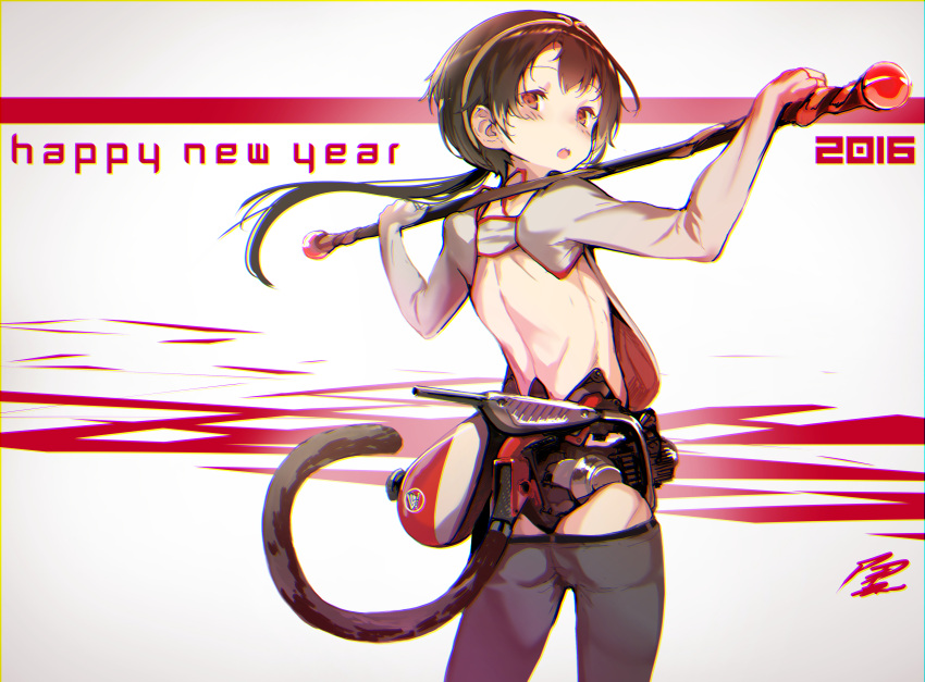 1boy 2016 :o absurdres ass bare_back brown_eyes brown_hair chromatic_aberration from_behind gears hairband happy_new_year headband highres long_hair looking_at_viewer looking_back low_ponytail lowleg lowleg_pants machinery monkey_tail new_year open_mouth original otoko_no_ko over_shoulder pants polearm ponytail sabaku_no_tanuki weapon