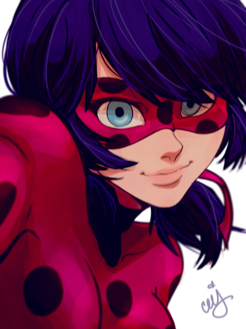 1girl blue_eyes blue_hair bodysuit ceejles domino_mask female highres ladybug_(character) long_hair looking_at_viewer magical_girl marinette_cheng mask miraculous_ladybug polka_dot smile solo twintails upper_body