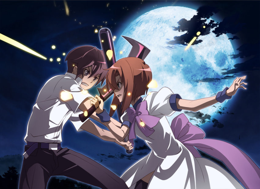 1boy 1girl angry baseball_bat blue_eyes bowtie brown_hair clash cleaver clenched_teeth fighting full_moon higurashi_no_naku_koro_ni maebara_keiichi moon night night_sky nyoronyoro orange_hair outdoors puffy_short_sleeves puffy_sleeves ryuuguu_rena serious shirt short_hair short_sleeves sky spoilers tree white_shirt wristband