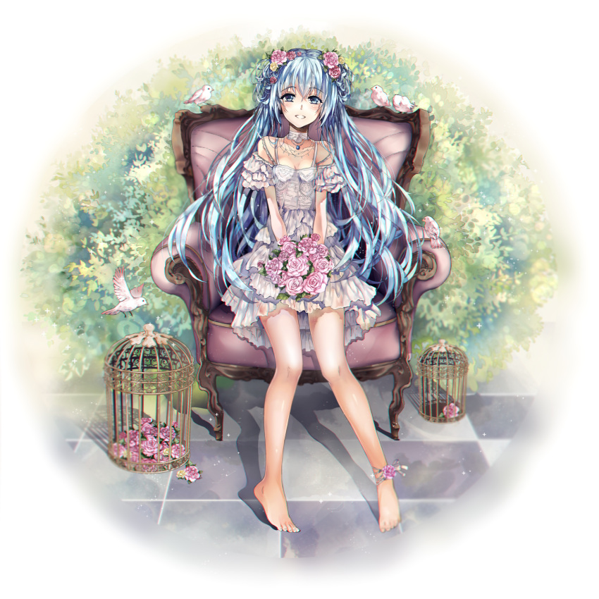 1girl :d animal armchair bare_legs bare_shoulders barefoot barefoot_sandals bird birdcage blue_eyes blue_hair blush bouquet breasts bush cage chair checkered checkered_floor choker cleavage collarbone dress eyebrows eyebrows_visible_through_hair flower flying frilled_dress frilled_sleeves frills full_body hair_between_eyes hair_flower hair_ornament hatsune_miku highres holding holding_flower jewelry layered_dress long_hair looking_at_viewer necklace off-shoulder_dress open_mouth pendant plant see-through shade sitting small_breasts smile solo teeth teka tile_floor tiles twintails very_long_hair vocaloid white_dress