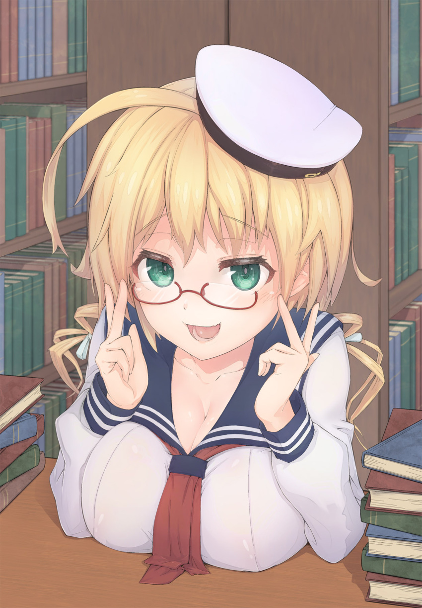 book bookshelf breast_rest breasts cleavage glasses hat highres i-8_(kantai_collection) kantai_collection large_breasts no_bra see-through urigarasu v
