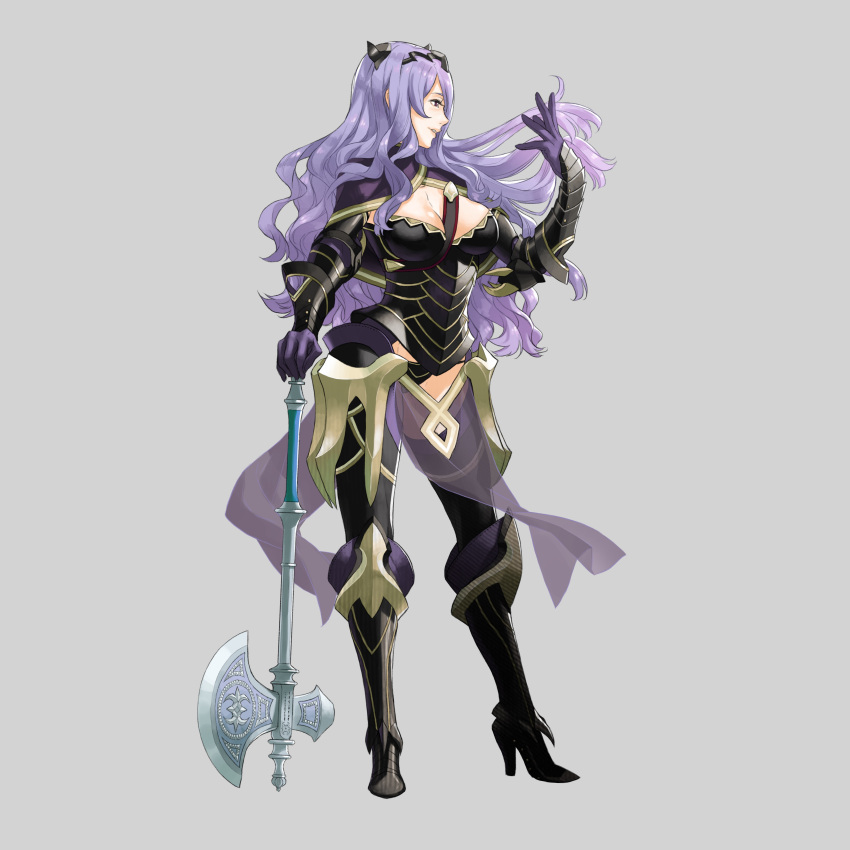 absurdres armor axe black_armor breasts camilla_(fire_emblem_if) cleavage full_body gloves grey_background high_heels highres kozaki_yuusuke large_breasts lavender_hair long_hair profile simple_background wavy_hair weapon