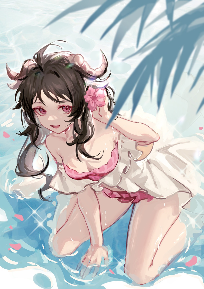 1girl :d arknights bangs bare_shoulders bikini black_hair eyjafjalla_(arknights) eyjafjalla_(summer_flowers)_(arknights) flower highres horns long_hair looking_at_viewer mosi_l off-shoulder_bikini off_shoulder open_mouth pink_bikini pink_eyes pink_flower sheep_horns short_sleeves smile solo swimsuit thighs