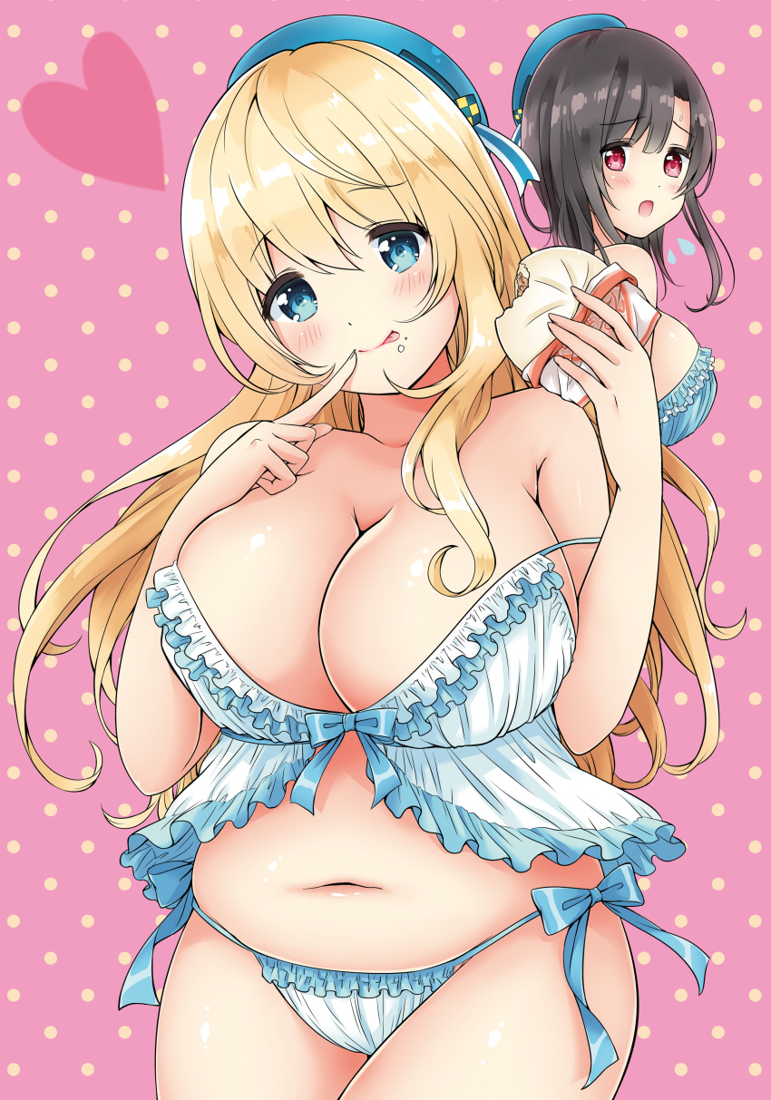 2girls :p absurdres atago_(kantai_collection) babydoll bangs baozi bare_shoulders black_hair blonde_hair blue_bow blue_eyes blue_hat blue_ribbon blush bow breasts checkered cleavage cowboy_shot eyebrows eyebrows_visible_through_hair finger_to_mouth flying_sweatdrops food food_on_face frilled_panties frills hat highres kantai_collection large_breasts long_hair looking_at_viewer mole mole_under_mouth multiple_girls nanairo_fuuka navel open_mouth panties pink_background plump polka_dot polka_dot_background red_eyes ribbon side-tie_panties stomach strap_slip sweatdrop takao_(kantai_collection) tongue tongue_out underwear white_panties