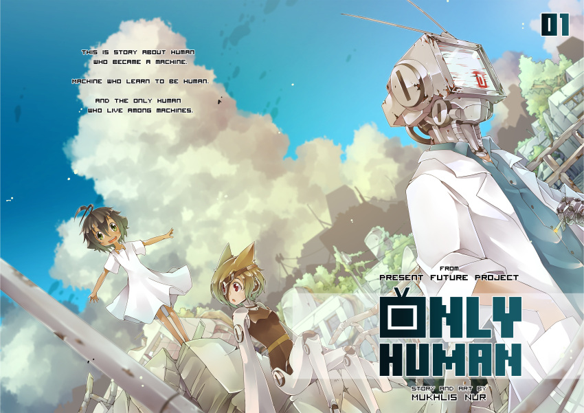 1boy 2girls absurdres animal_ears artist_name brown_eyes brown_hair building cigarette clouds cyborg dark_skin dress english eyepatch green_eyes hand_in_pocket highres labcoat looking_at_another multiple_girls only_human open_mouth original plant power_lines ruins short_hair sinlaire sky tagme title tree white_dress