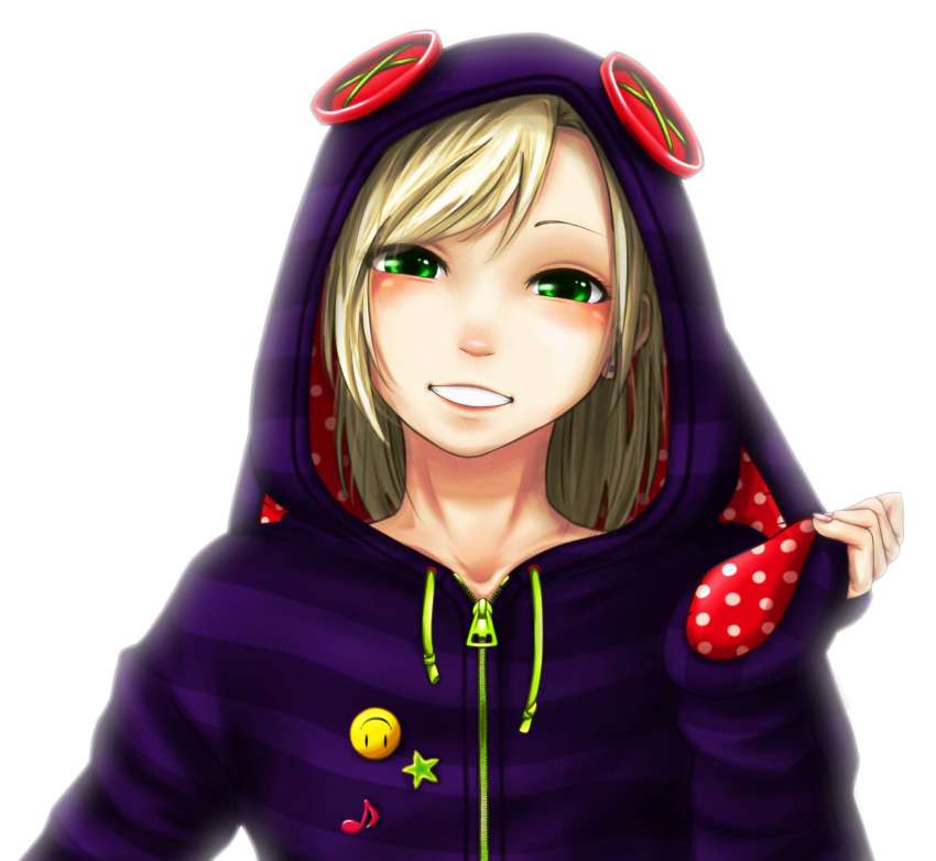 :d animal_costume blonde_hair blouse blush bunny_costume button_eyes collarbone fingernails green_eyes head_tilt highres hood hoodie long_sleeves looking_at_viewer musical_note nail_polish open_mouth original parted_lips pink_nails pinkisch simple_background smile smiley_face star teeth upper_body white_background zipper