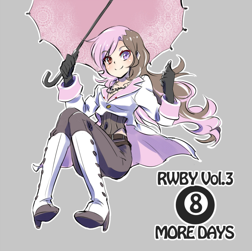 1girl belt boots brown_eyes brown_hair english gloves heterochromia high_heel_boots high_heels highres iesupa jewelry multicolored_hair navel necklace neo_(rwby) pants pink_hair rwby smile solo umbrella violet_eyes white_hair