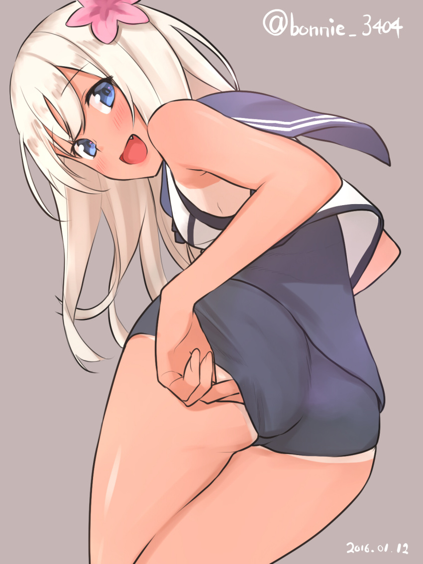 1girl :d ass baffu blush dated fang flower hair_flower hair_ornament highres kantai_collection long_hair looking_at_viewer one-piece_swimsuit one-piece_tan open_mouth purple_background remodel_(kantai_collection) ro-500_(kantai_collection) sailor_collar simple_background smile solo swimsuit tan tanline twitter_username white_hair