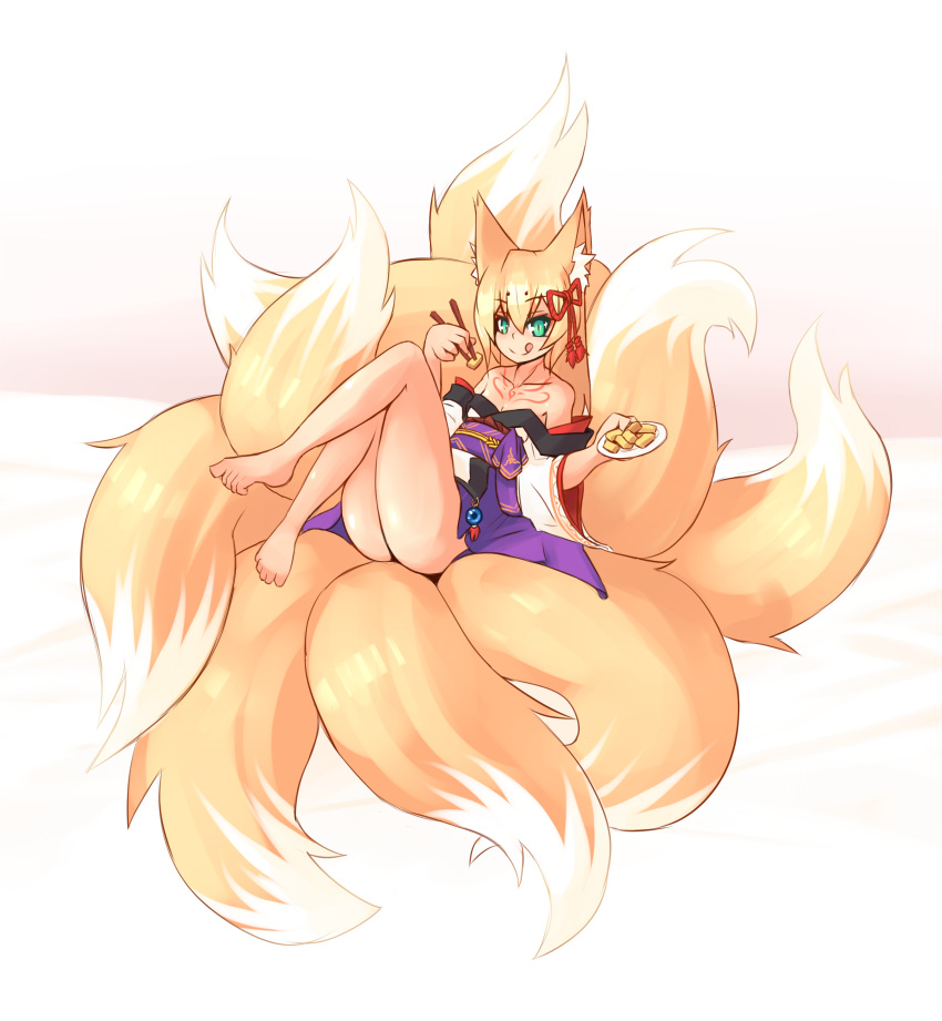 1girl :q absurdres ass bare_legs bare_shoulders barefoot chopsticks food fox_tail green_eyes hair_ornament highres holding_plate japanese_clothes looking_at_viewer mon-musu_quest! multiple_tails no_panties obi off_shoulder plate reclining sash slit_pupils solo sub-res tail tamamo_(mon-musu_quest!) tattoo tongue tongue_out