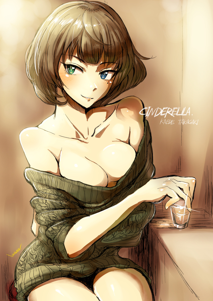 1girl absurdres bare_shoulders blue_eyes breasts brown_hair cleavage crossed_arms glass green_eyes heterochromia highres ichigai_(hayawossan) idolmaster idolmaster_cinderella_girls looking_at_viewer mole mole_under_eye off_shoulder short_hair sitting smile solo sweater takagaki_kaede