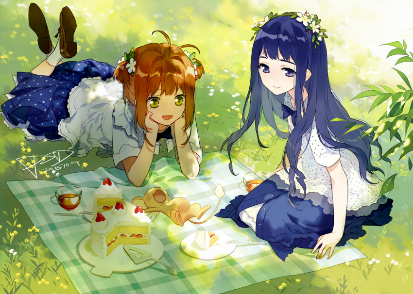 2015 2girls :d alternate_costume antenna_hair artist_name bangs blanket blue_bowtie blue_eyes blue_hair blue_skirt brown_hair brown_shoes buttons cardcaptor_sakura casual closed_mouth crossed_ankles cup daidouji_tomoyo dappled_sunlight dated dress flower fork frills glass grass green_eyes hair_flower hair_ornament hands_on_own_cheeks hands_on_own_face head_rest kero kinomoto_sakura lace-trimmed_sleeves long_hair looking_at_another lying multiple_girls on_back on_ground on_stomach open_mouth outdoors pastry_server picnic plate polka_dot_blouse polka_dot_skirt psd see-through seiza shade shoes short_hair short_sleeves signature sitting skirt sleeves_folded_up slice_of_cake smile socks standing tea teacup transparent two_side_up unbuttoned white_blouse white_flower white_legwear yellow_flower