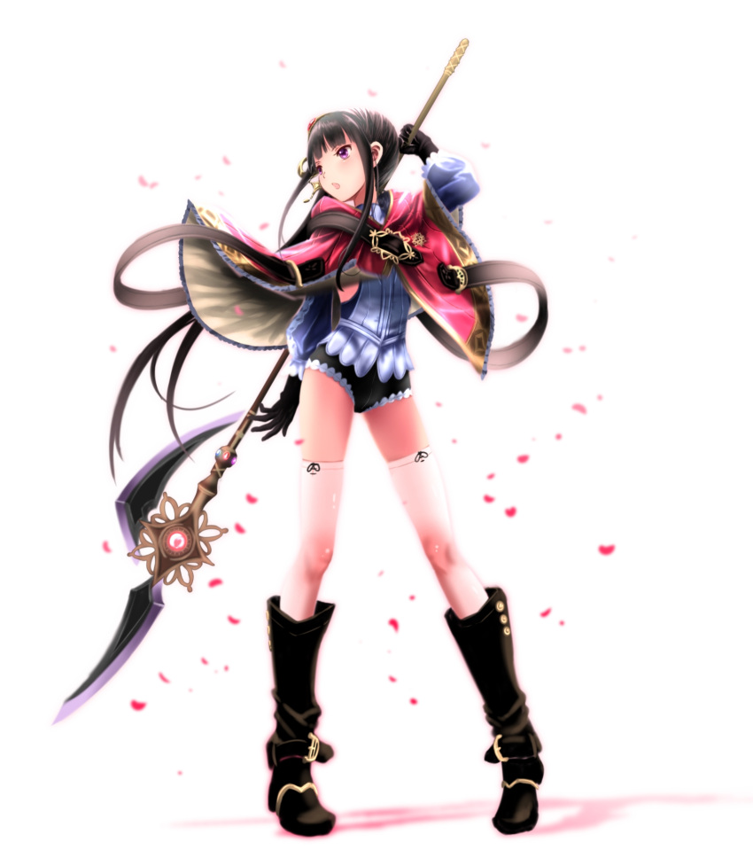 1girl atelier_(series) atelier_totori black_gloves black_hair black_shorts dia_(saotoko) gloves highres holding_weapon long_hair mimi_houllier_von_schwarzlang polearm short_shorts shorts simple_background solo spear thigh-highs violet_eyes weapon white_background