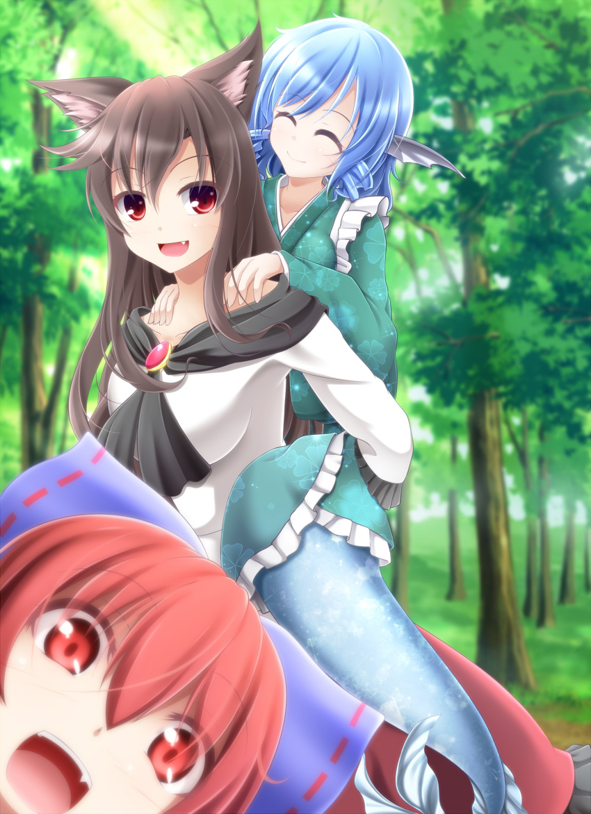 3girls :d ^_^ absurdres animal_ears bow breasts brooch brown_hair close-up closed_eyes dress drill_hair evandragon fang fangs forest hair_bow highres imaizumi_kagerou japanese_clothes jewelry kimono large_bow long_hair mermaid monster_girl multiple_girls nature open_mouth outdoors red_eyes redhead sekibanki short_hair smile touhou wakasagihime wolf_ears